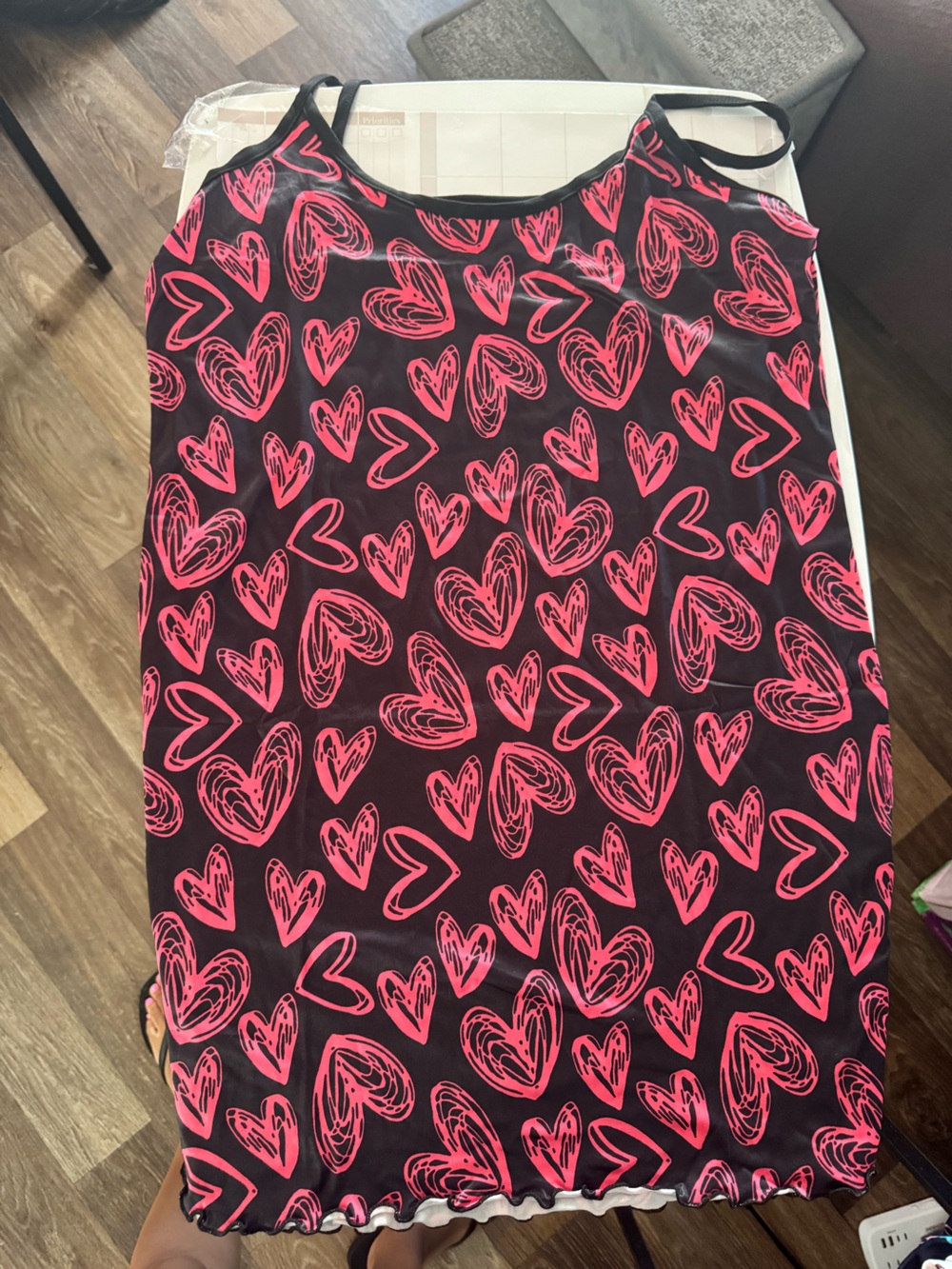 Black Chemise Slip with Pink Heart Print